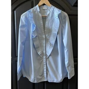 AKRIS PUNTO Women's Shirt Blouse Top 12 Blue V-neck Ruffle Tunic Tuxedo Career